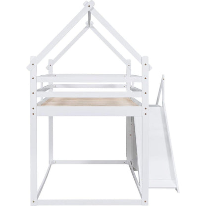 Twin over Twin House Loft or Bunk Bed with Slide and Staircase, White