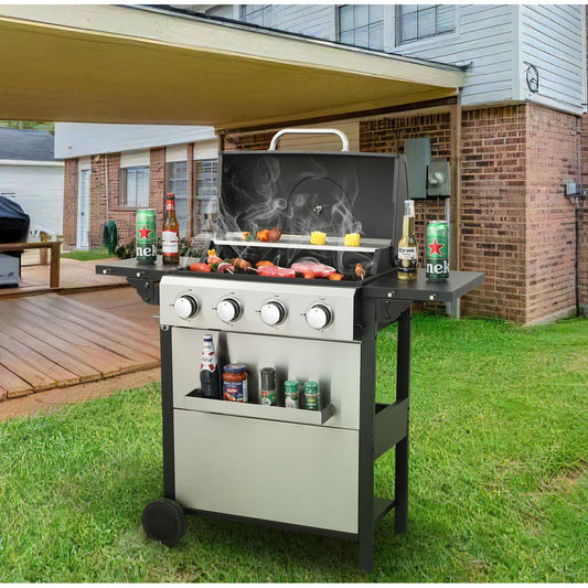 4-Burner Propane Gas BBQ Grill, 34200BTU Output With Wire Enamel Cooking Grids For Outdoor Barbecue, Foldable Side Table, Hanging Basket, Stainless Steel