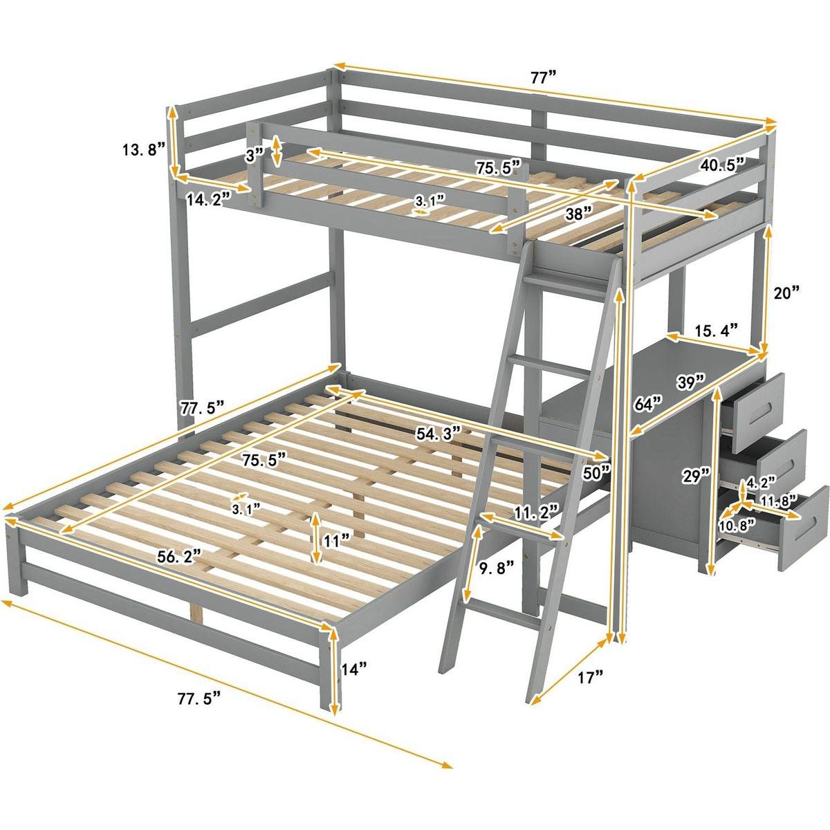 Twin over Full Bunk Bed with Built-in Desk and Three Drawers,Grey