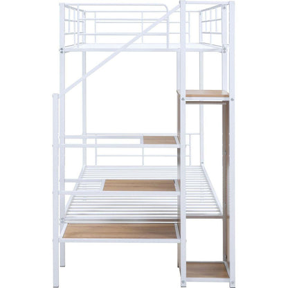 Twin Over Twin Metal Bunk Bed with Lateral Storage Ladder and Wardrobe, White