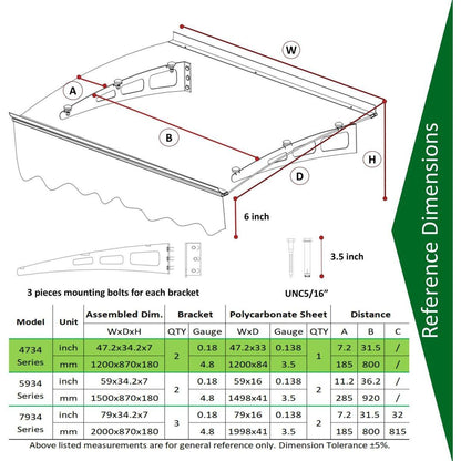 GarLUGH DA4734C Series Door Window Awning Canopy Made of 0.137 Inch Thick Crystal Solid Polycarbonate Sheet and Aluminum Alloy with Valance in size of 47" Wide x 34" Deep for Masonry Concrete Wall