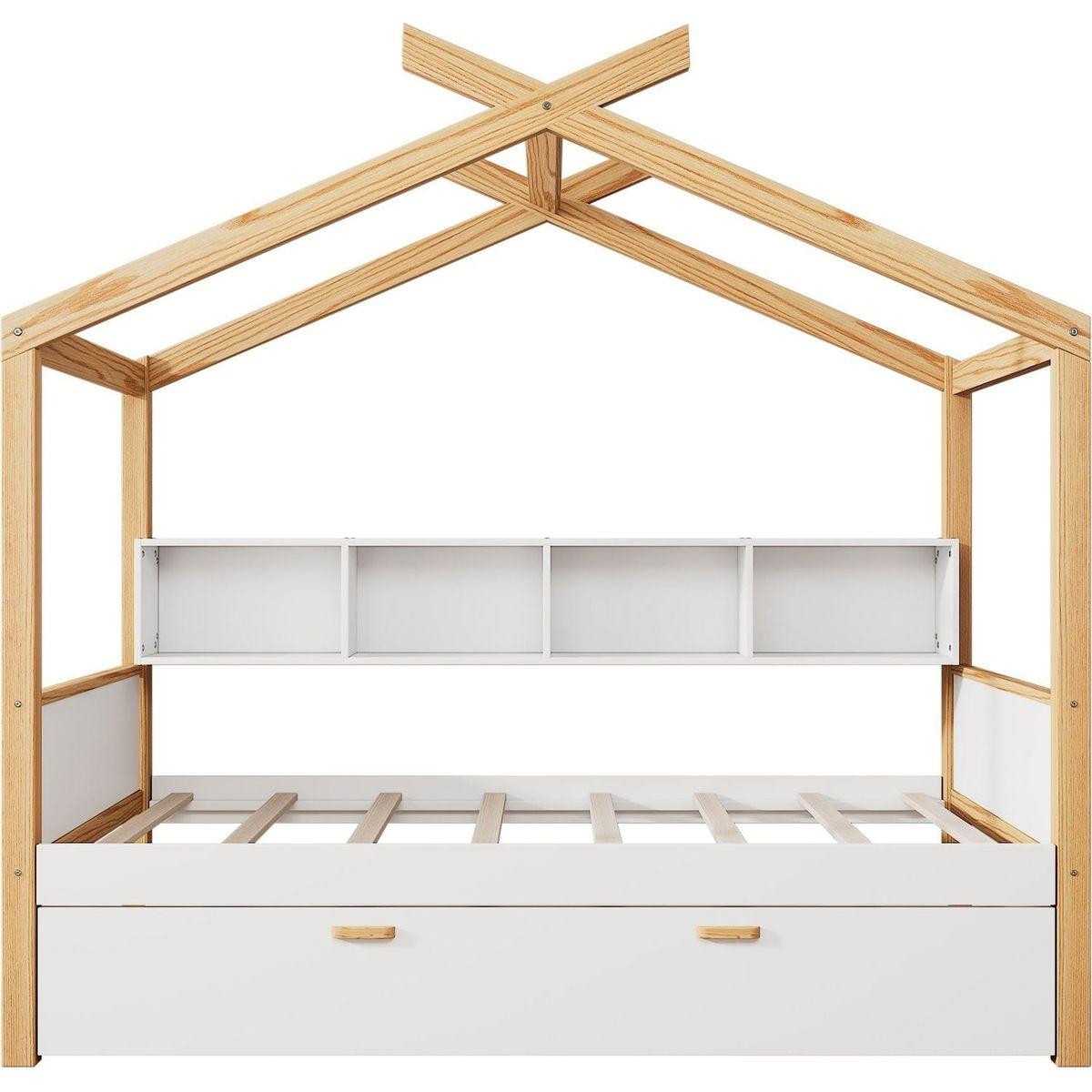 White Twin Size Wooden House Bed with Original Wood Colored Frame Twin Size Trundle and Bookshelf Storage Space for Children or Guest Room