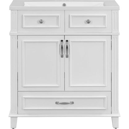 30" Bathroom Vanity with Resin Sink, Solid Wood Frame Bathroom Storage Cabinet with Soft Closing Doors, Retro Style, White