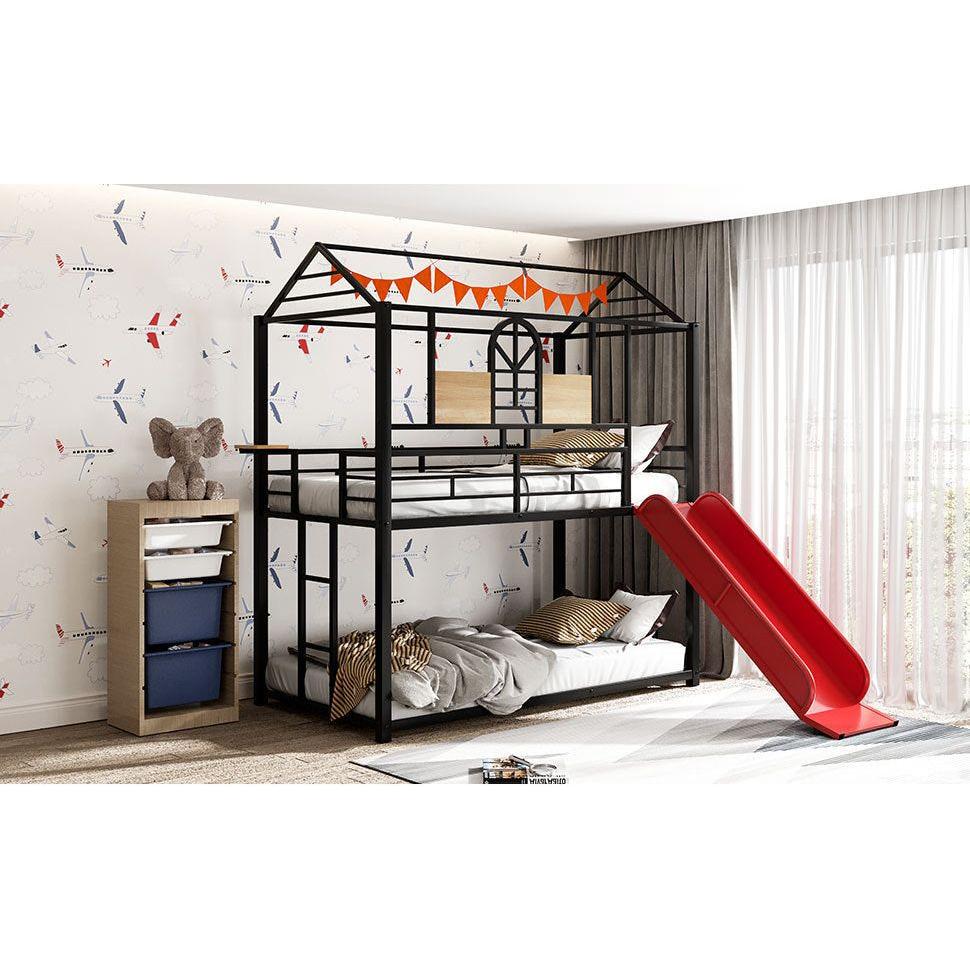 Twin Over Twin Metal Bunk Bed, Metal Housebed With Slide,Three Colors Available.(Black with Red Slide)