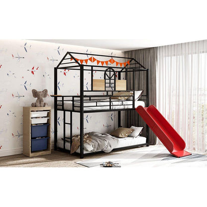 Twin Over Twin Metal Bunk Bed, Metal Housebed With Slide,Three Colors Available.(Black with Red Slide)