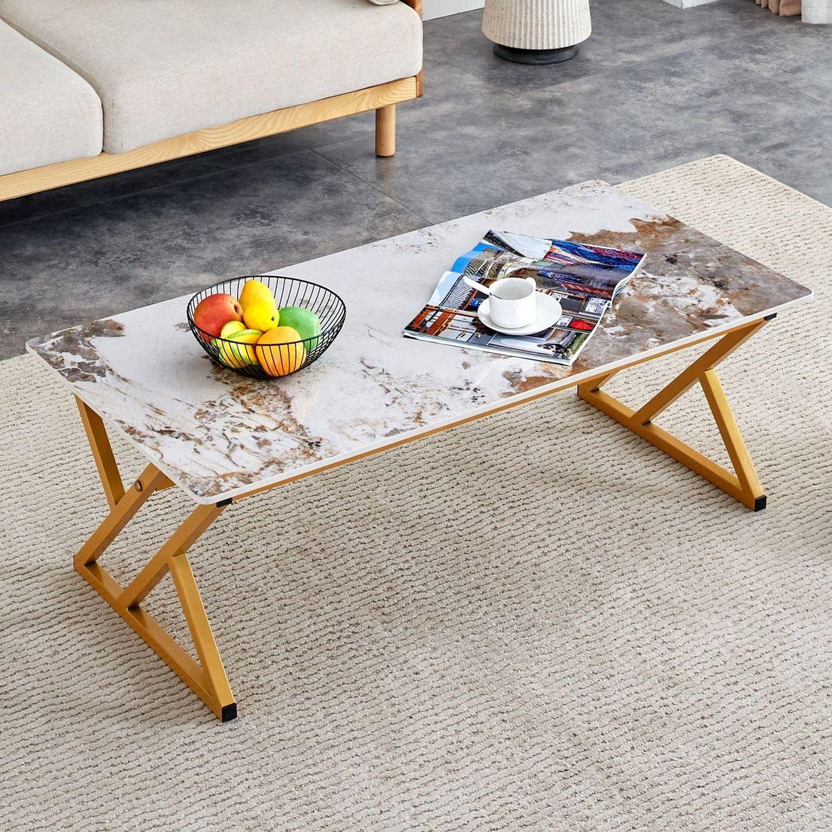 A modern minimalist style marble patterned coffee table with golden metal legs. Computer desk. Game table. Tea table. CT-XX