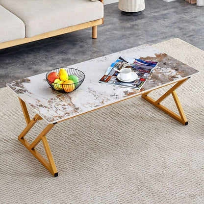 A modern minimalist style marble patterned coffee table with golden metal legs. Computer desk. Game table. Tea table. CT-XX