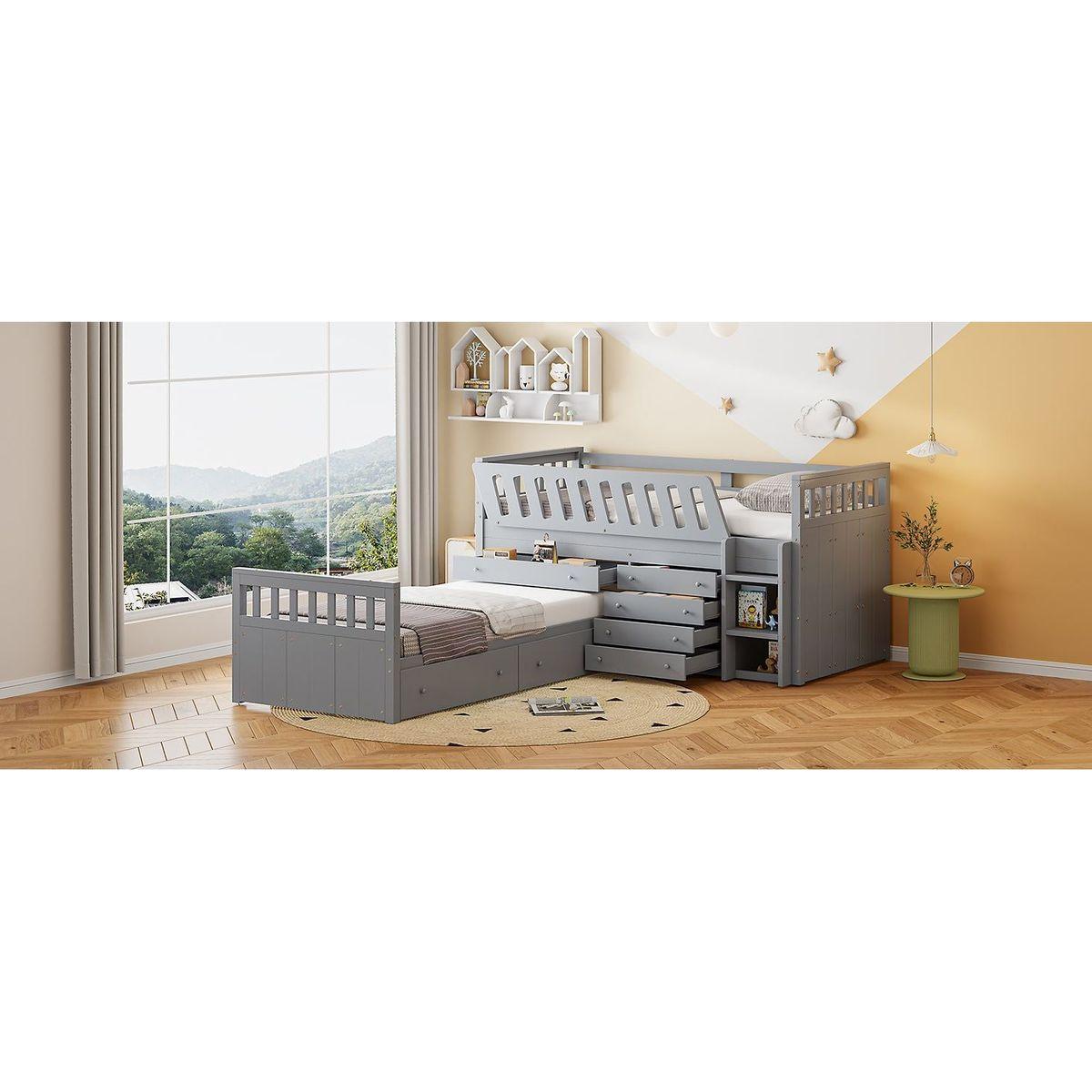 L-shaped Space-Saving Twin Loft and Twin Platform Bed with 7 Drawers and Full Guardrails(GRAY)