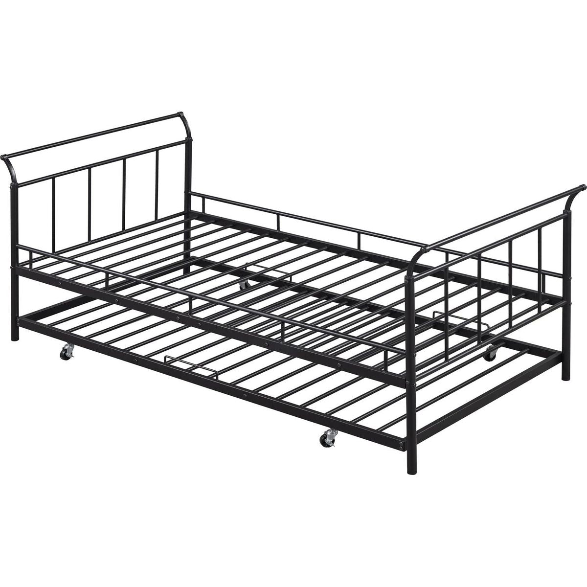Twin Size Metal Daybed with Curved Handle Design and Twin Size Trundle, Black