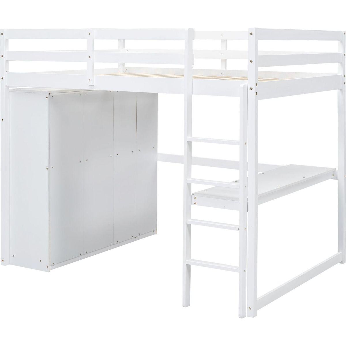 Wood Full Size Loft Bed with Built-in Wardrobe, Desk, Storage Shelves and Drawers, White