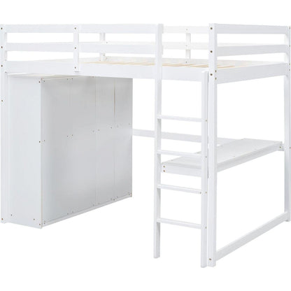 Wood Full Size Loft Bed with Built-in Wardrobe, Desk, Storage Shelves and Drawers, White