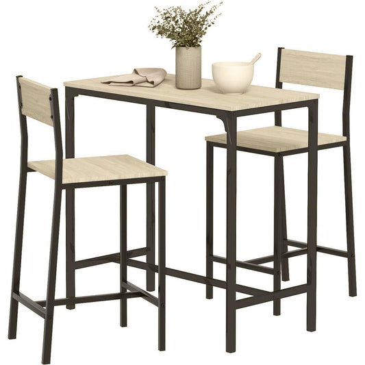 3 Piece Bar Table and Chairs, Industrial Dining Table Set for 2, Counter Height Kitchen Table with Bar Stools, Breakfast Table Set for 2 for Small Space, Oak