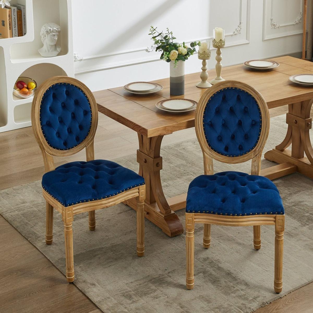 French Style Solid Wood Frame Antique Painting,Hand-pulled buckle decoration Velvet artificial leather Dining Chair with Nailhead Trim, Wood Legs,Steel Spring inner,Set of 2,Blue