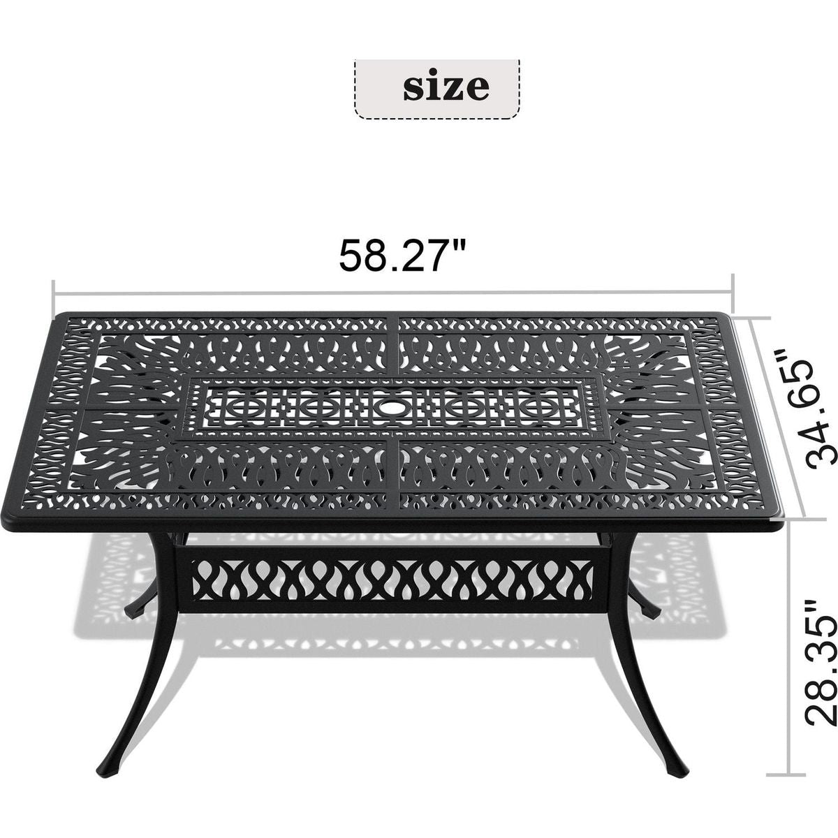 L58.27xW34.65-inch Cast Aluminum Patio Dining Table With Black Frame and Umbrella Hole