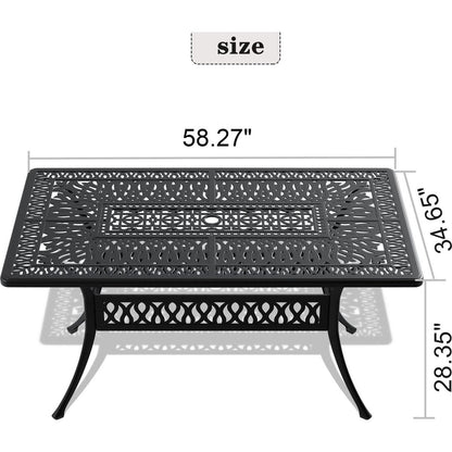 L58.27xW34.65-inch Cast Aluminum Patio Dining Table With Black Frame and Umbrella Hole
