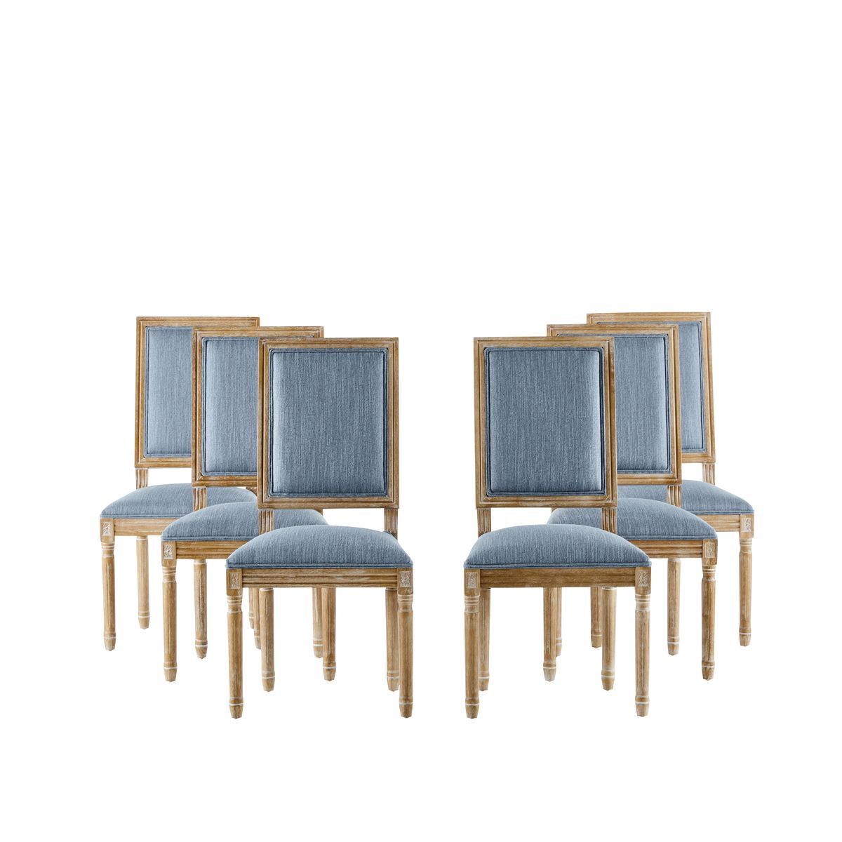 Rustic French Country Dining Chairs Set of 6 with Cane Backrest & Upholstered Seats in Slate Blue Solid Rubberwood