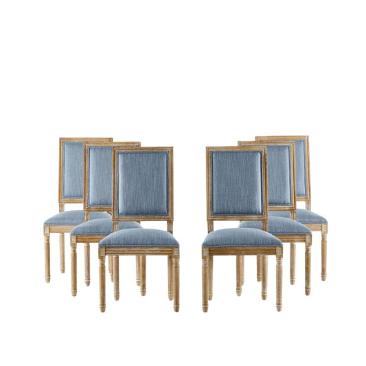 Rustic French Country Dining Chairs Set of 6 with Cane Backrest & Upholstered Seats in Slate Blue Solid Rubberwood