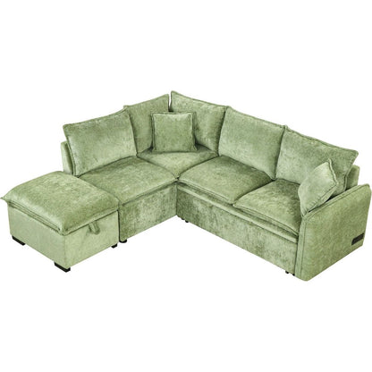 82.67"Convertible Sofa Bed Sectional Sofa Sleeper L-shaped Sofa with a Storage Ottoman,Two Pillows, Two Power Sockets and Two USB Ports for Living Room, Green