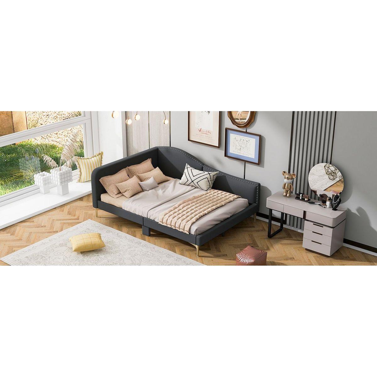 Full Size Upholstered Daybed with Headboard and Armrest, Support Legs, Grey