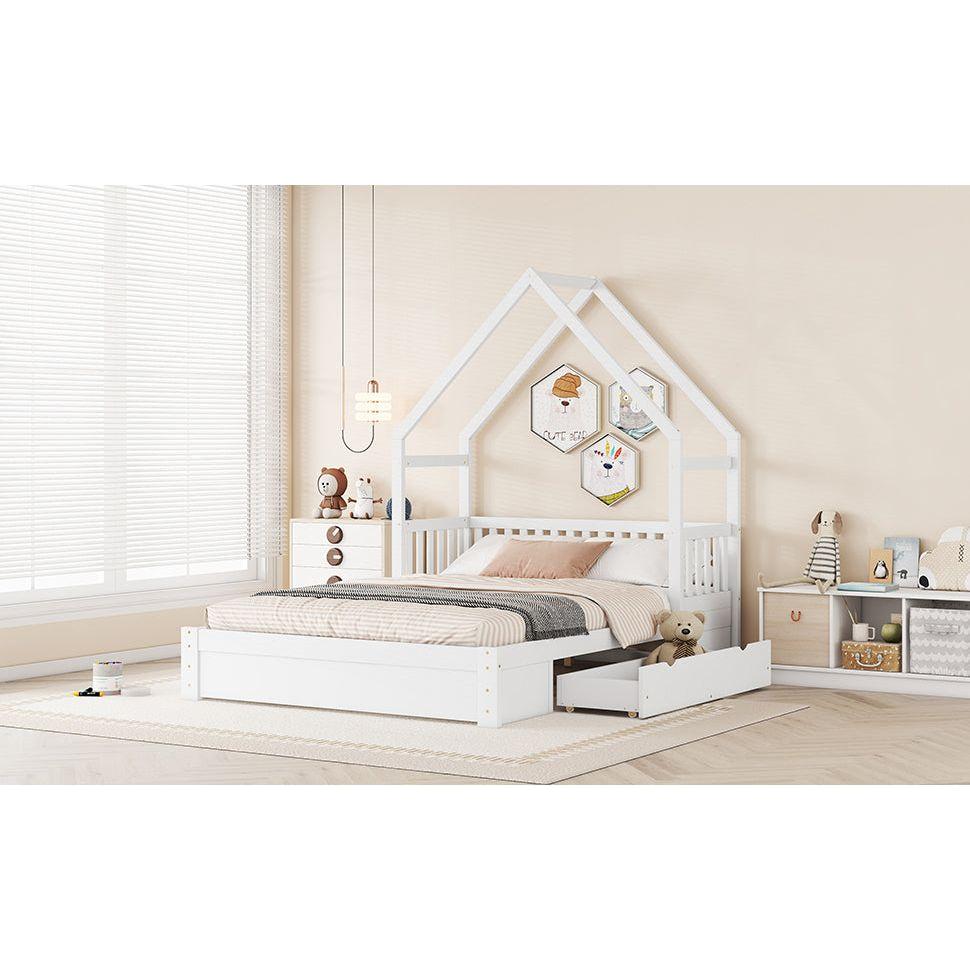 Wood Queen Size House Platform Bed with Guardrail and 2 Drawers, White