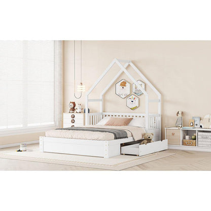 Wood Queen Size House Platform Bed with Guardrail and 2 Drawers, White