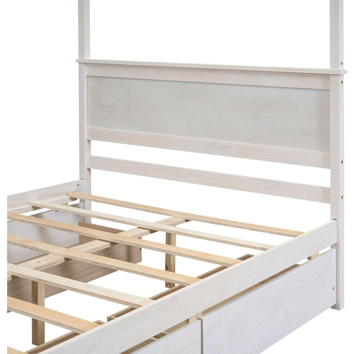 Wood Canopy Bed with four Drawers, Full Size Canopy Platform Bed With Support Slats .No Box Spring Needed, Brushed White