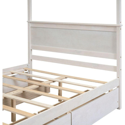 Wood Canopy Bed with four Drawers, Full Size Canopy Platform Bed With Support Slats .No Box Spring Needed, Brushed White