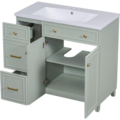 36-inch Bathroom Vanity, Transitional Style Bathroom Cabinet with Resin Sink, Green Single Bathroom Cabinet, with 2 Drawers and 1 Adjustable Storage Shelf, 2 Soft-close Doors