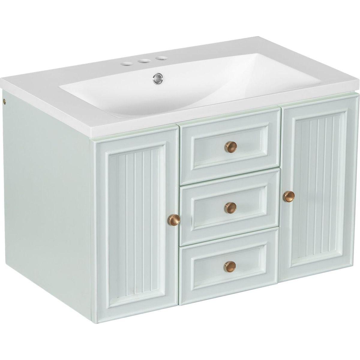 30" Wall Mounted Bathroom Vanity with Sink Combo, Functional Drawer, Solid Wood & MDF Board & Ceramic, Green