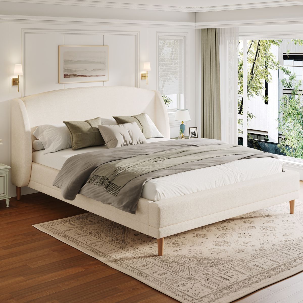 King Size Upholstered Platform Bed Boucle Fabric and Wingback Headboard, Rounded Corners, White