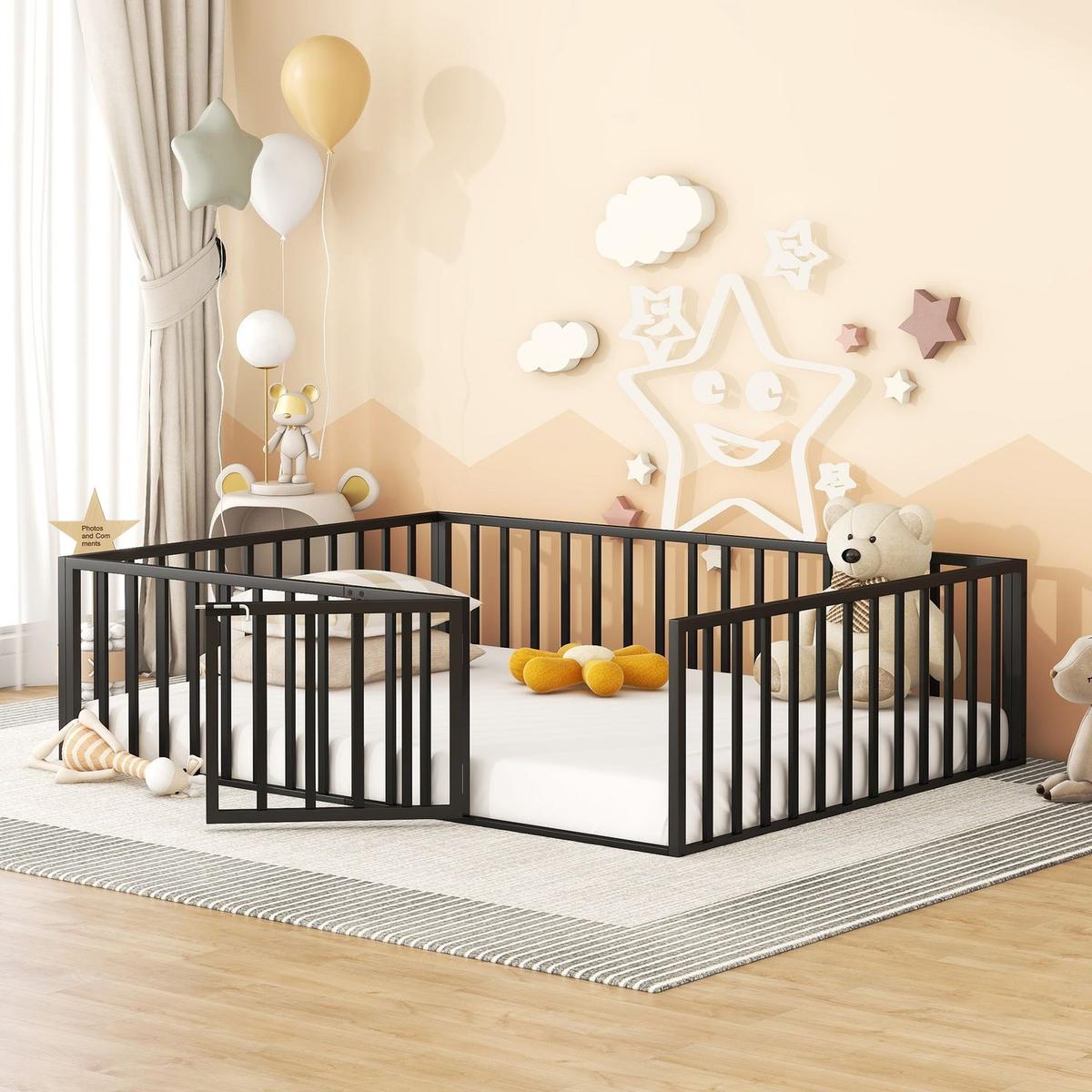 Queen Size Metal Floor Bed Frame with Fence and Door, Black