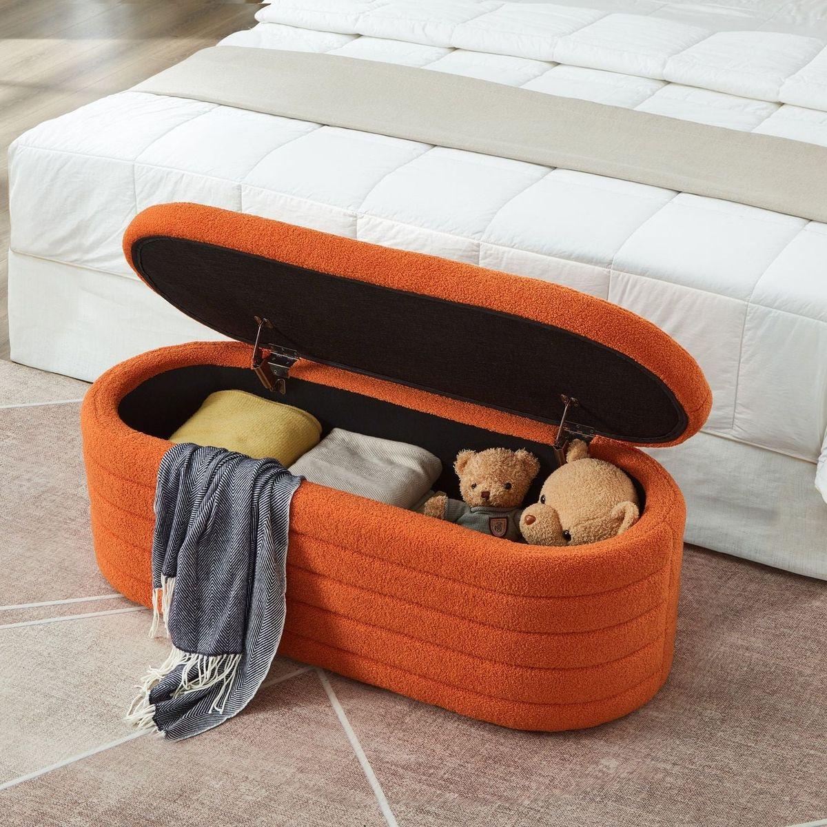 Modern Oval Storage Ottoman Bench, Upholstered Boucle Teddy Fabric End of Bed Bench with Storage, End of Bed Stool with Safety Hinge for Bedroom, Living Room, Entryway, Orange