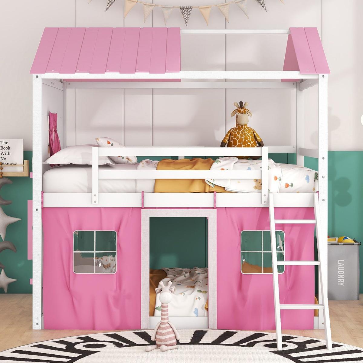 Full Size Bunk Wood House Bed with Elegant Windows, Sills and Tent, Pink+White