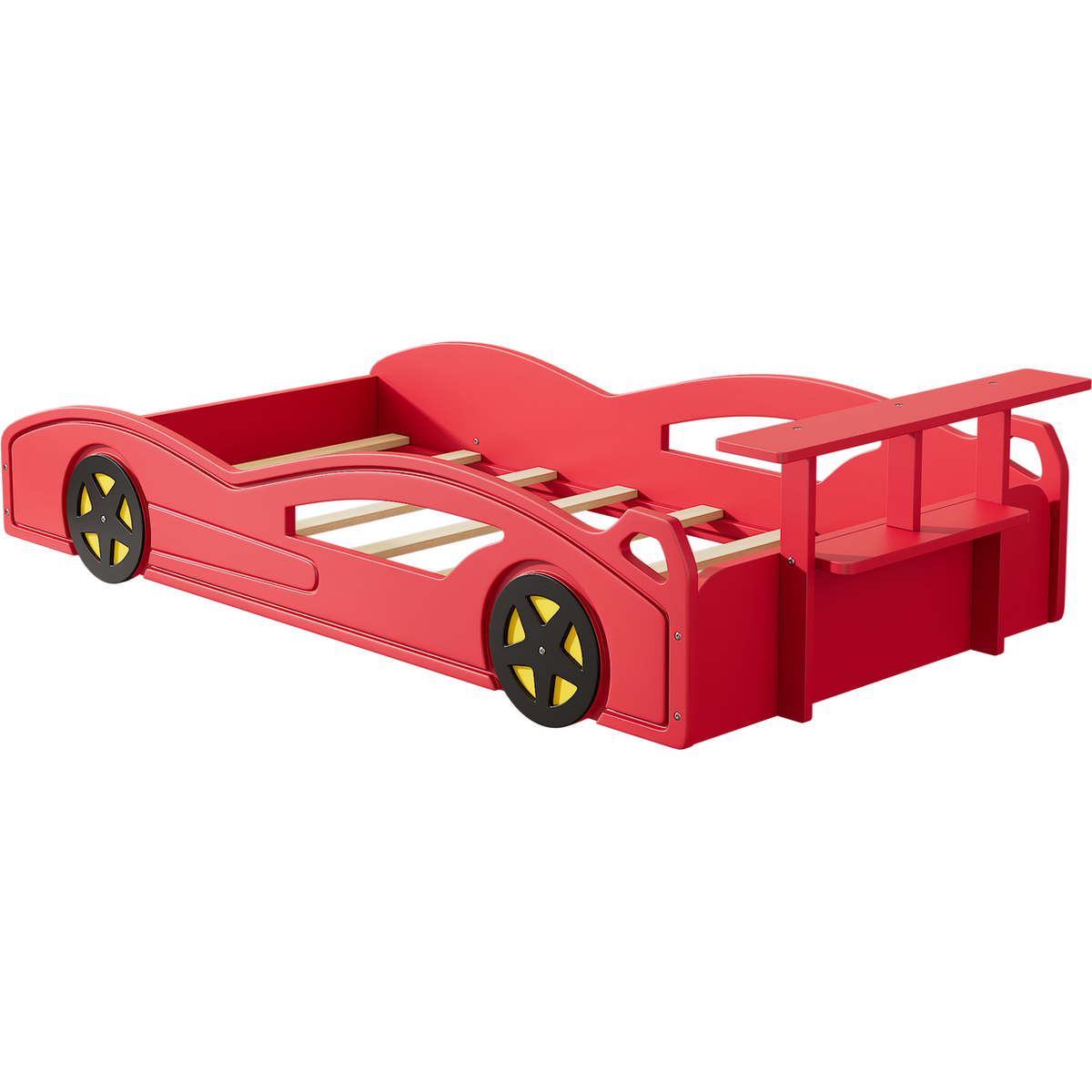 Wooden Race Car Bed,Car-Shaped Platform Twin Bed with Wheels For Teens,Red & Yellow