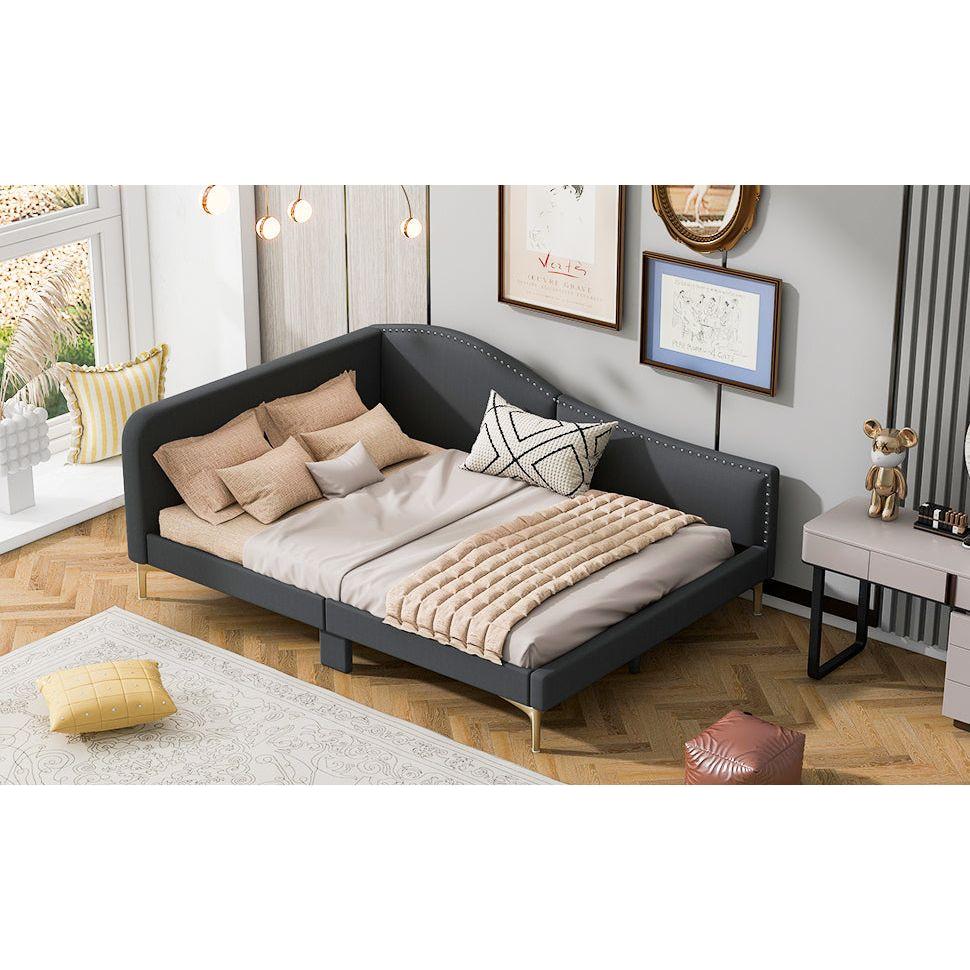 Full Size Upholstered Daybed with Headboard and Armrest, Support Legs, Grey