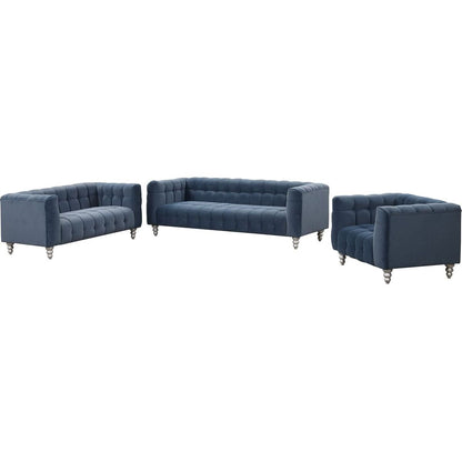 Modern 3-piece sofa set with solid wood legs, buttoned tufted backrest, Dutch fleece upholstered sofa set including three-seater sofa, double seat and living room furniture set single chair, blue