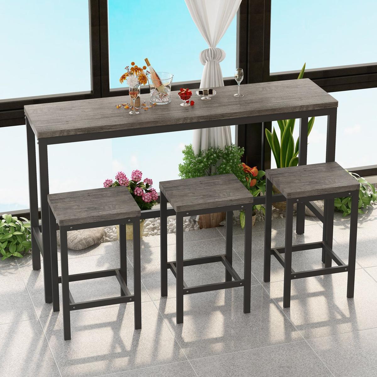 Modern Design Kitchen Dining Table, Pub Table, Long Dining Table Set with 3 Stools, Easy Assembly, Brown Gray