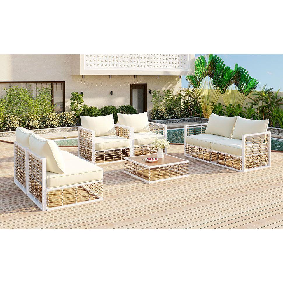 Modern Minimalist 7-Piece Metal Patio Sectional Sofa Set, All-Weather Garden Conversational Furniture Set with Thick Cushions and Coffee Table for Indoor Outdoor, White