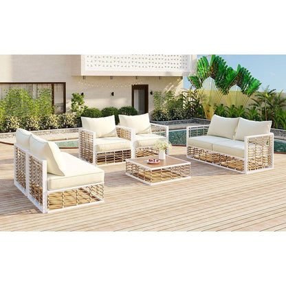 Modern Minimalist 7-Piece Metal Patio Sectional Sofa Set, All-Weather Garden Conversational Furniture Set with Thick Cushions and Coffee Table for Indoor Outdoor, White