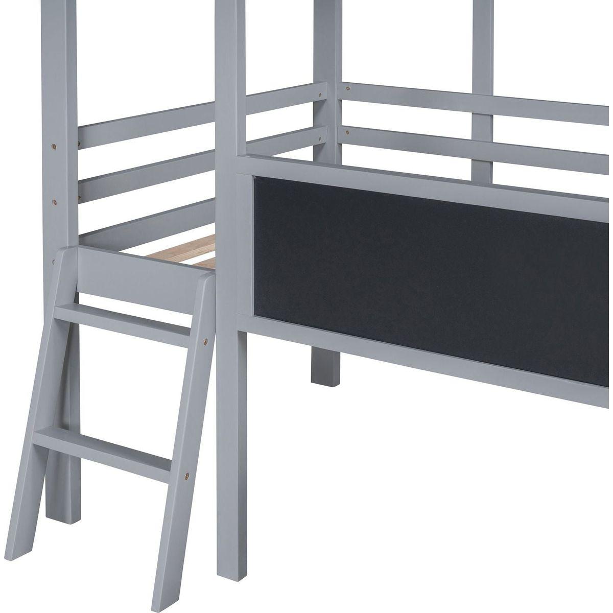 Twin Size Loft Bed with Ladder and Slide, House Bed with Blackboard and Light Strip on the Roof, Gray