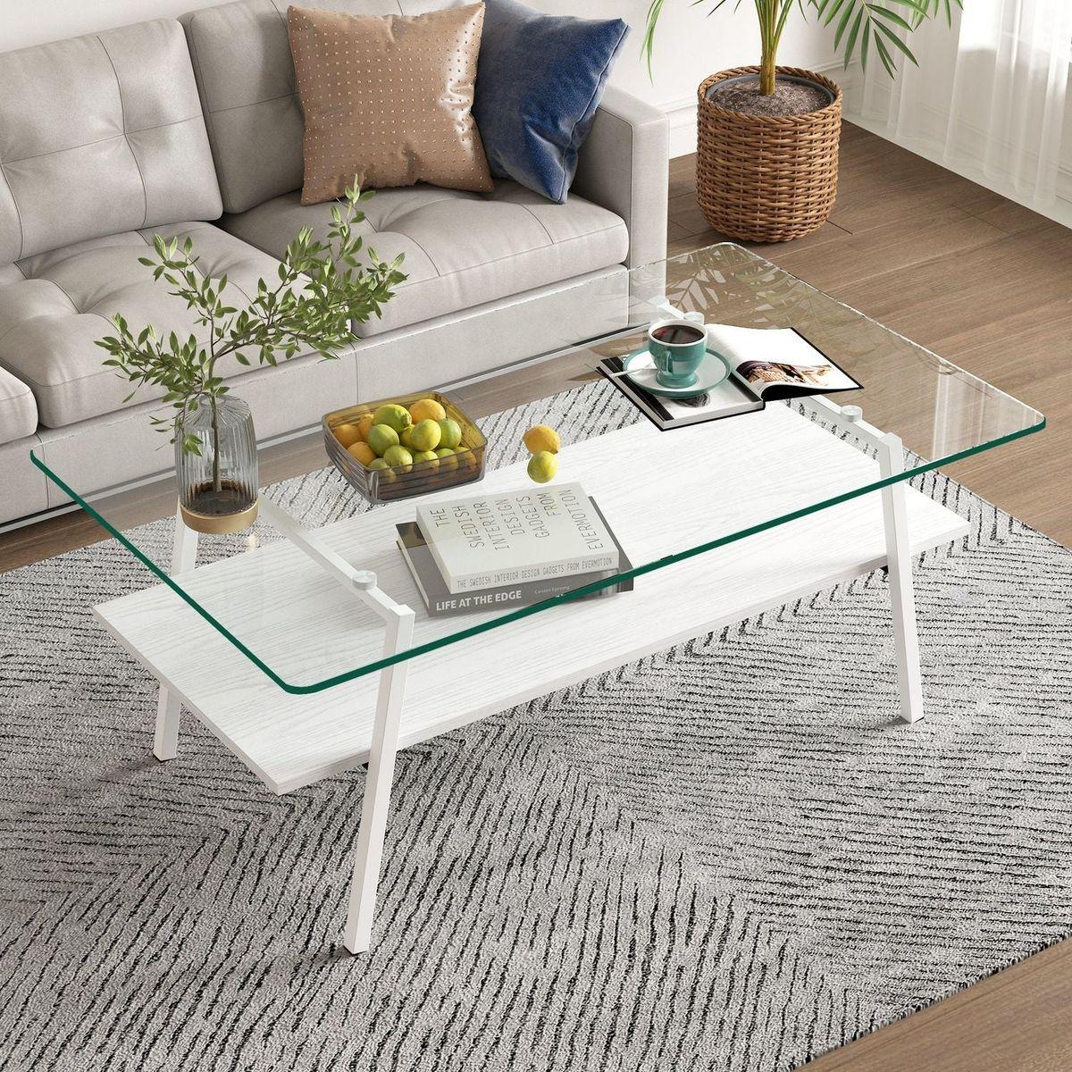 Rectangle Coffee Table, Tempered Glass Tabletop with White Metal Legs, Modern Table for Living Room, Transparent Glass