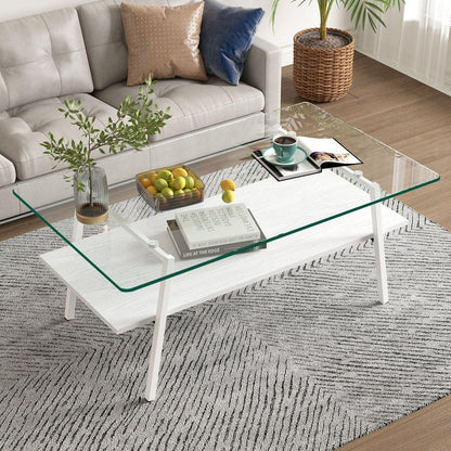 Rectangle Coffee Table, Tempered Glass Tabletop with White Metal Legs, Modern Table for Living Room, Transparent Glass