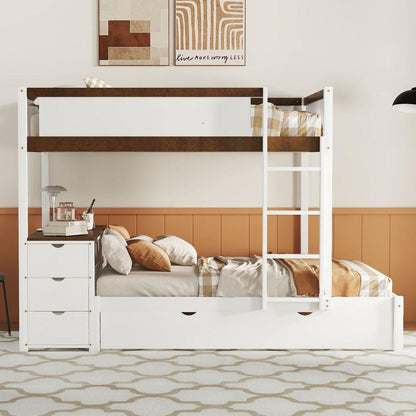 Full-Over-Full Bunk Bed with Twin size Trundle, Storage and Desk, White+Walnut