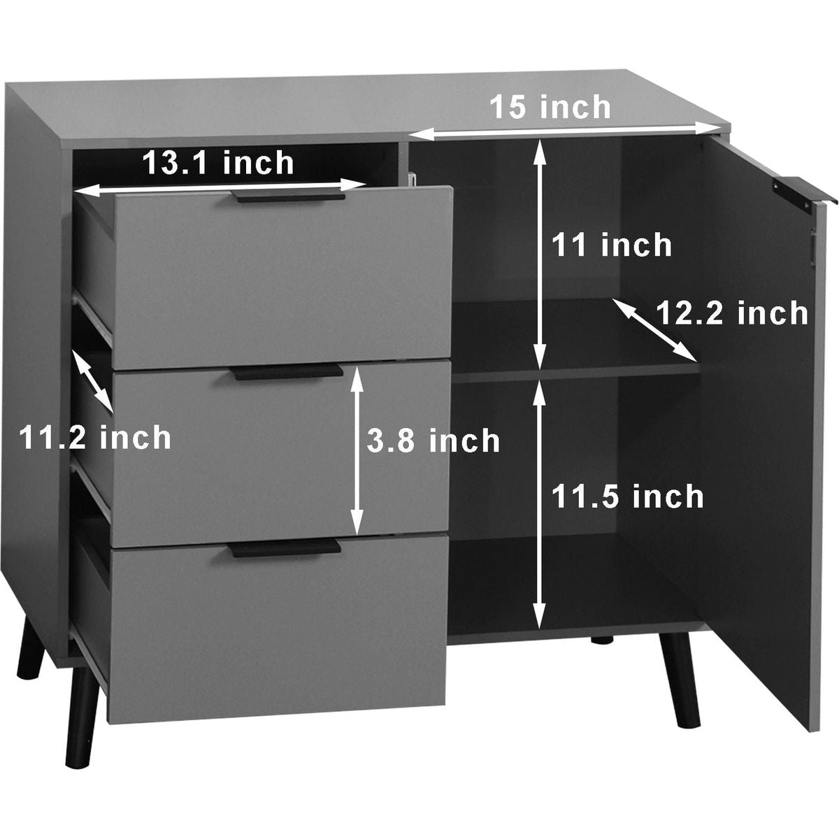 Storage Cabinet with 3 Drawers & Adjustable Shelf, Mid Century Cabinet with Door, Accent Cabinet for Living Room, Home Office, Entryway, Gray