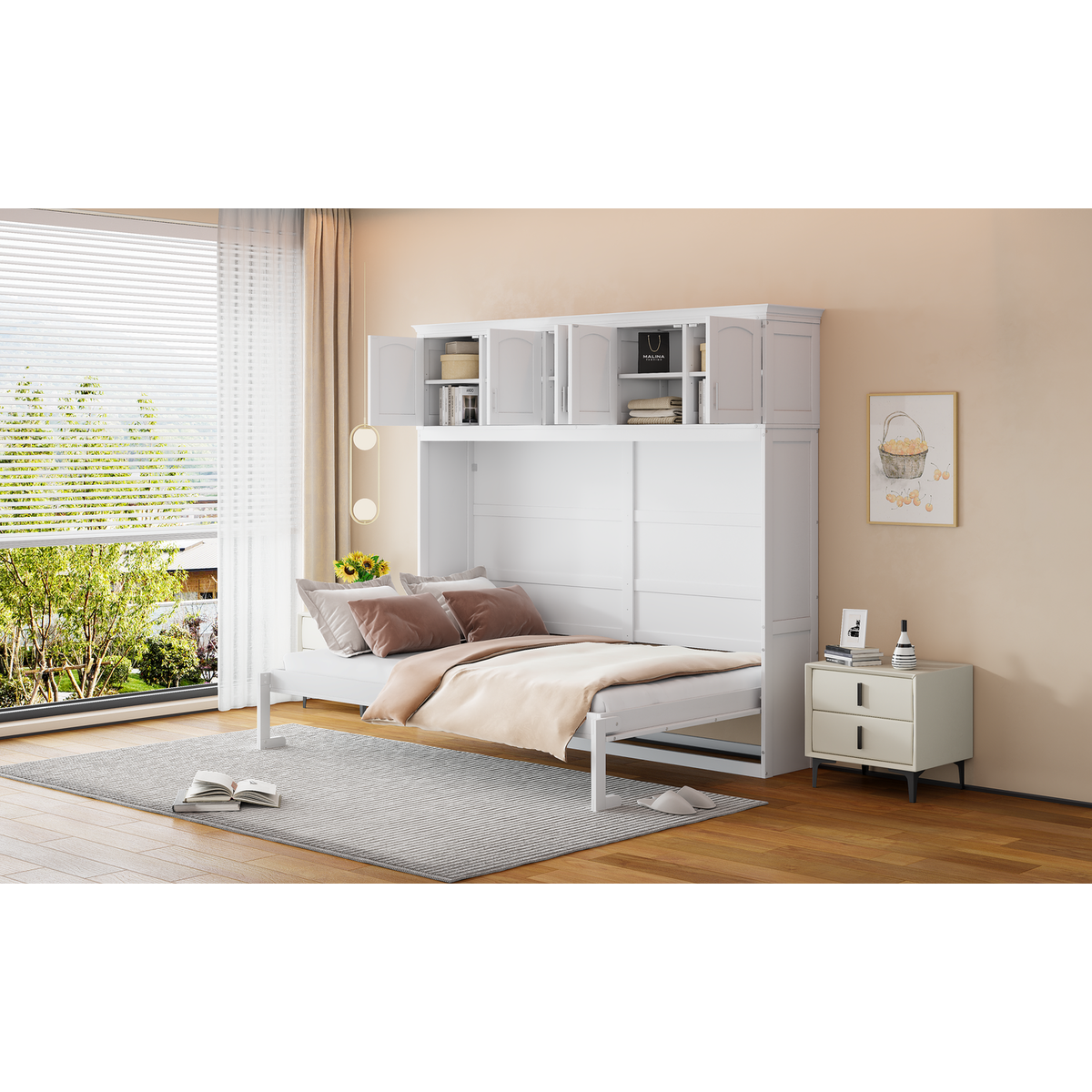 Queen Size Murphy Bed Wall Bed with Top Cabinets,White