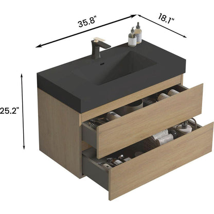 U092-Alice36W-106 Alice 36" Natural oak Bathroom Vanity with Sink, Large Storage Wall Mounted Floating Bathroom Vanity for Modern Bathroom, One-Piece Black Sink Basin without Drain, Pre-assembled