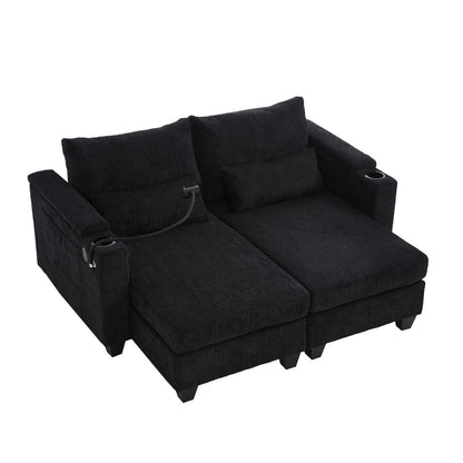 Convertible Chaise Lounge 63' Loveseat Sofa Bed with USB Ports, Cup Holders, Phone Holder & Storage, Black Corduroy