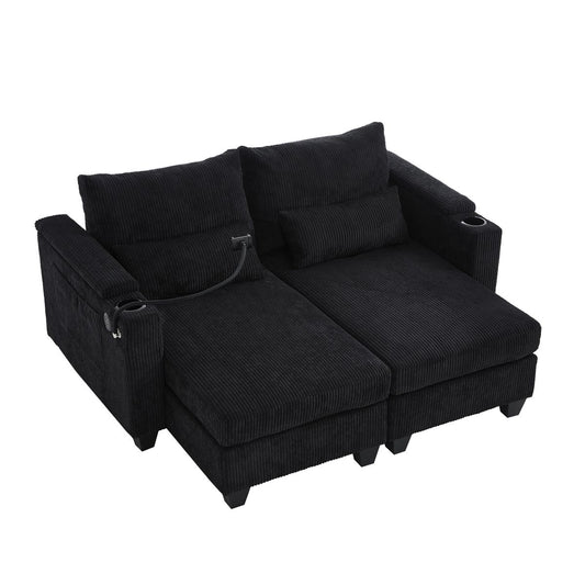Convertible Chaise Lounge 63' Loveseat Sofa Bed with USB Ports, Cup Holders, Phone Holder & Storage, Black Corduroy