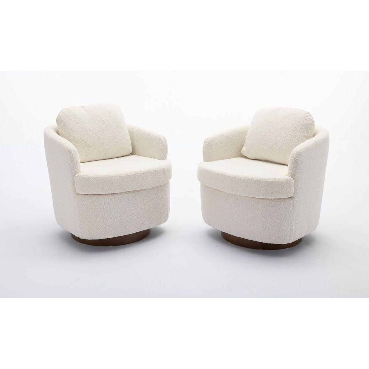 Boucle Fabric Swivel Accent Chair With Soild Wood Round Brown Base Leg,Ivory