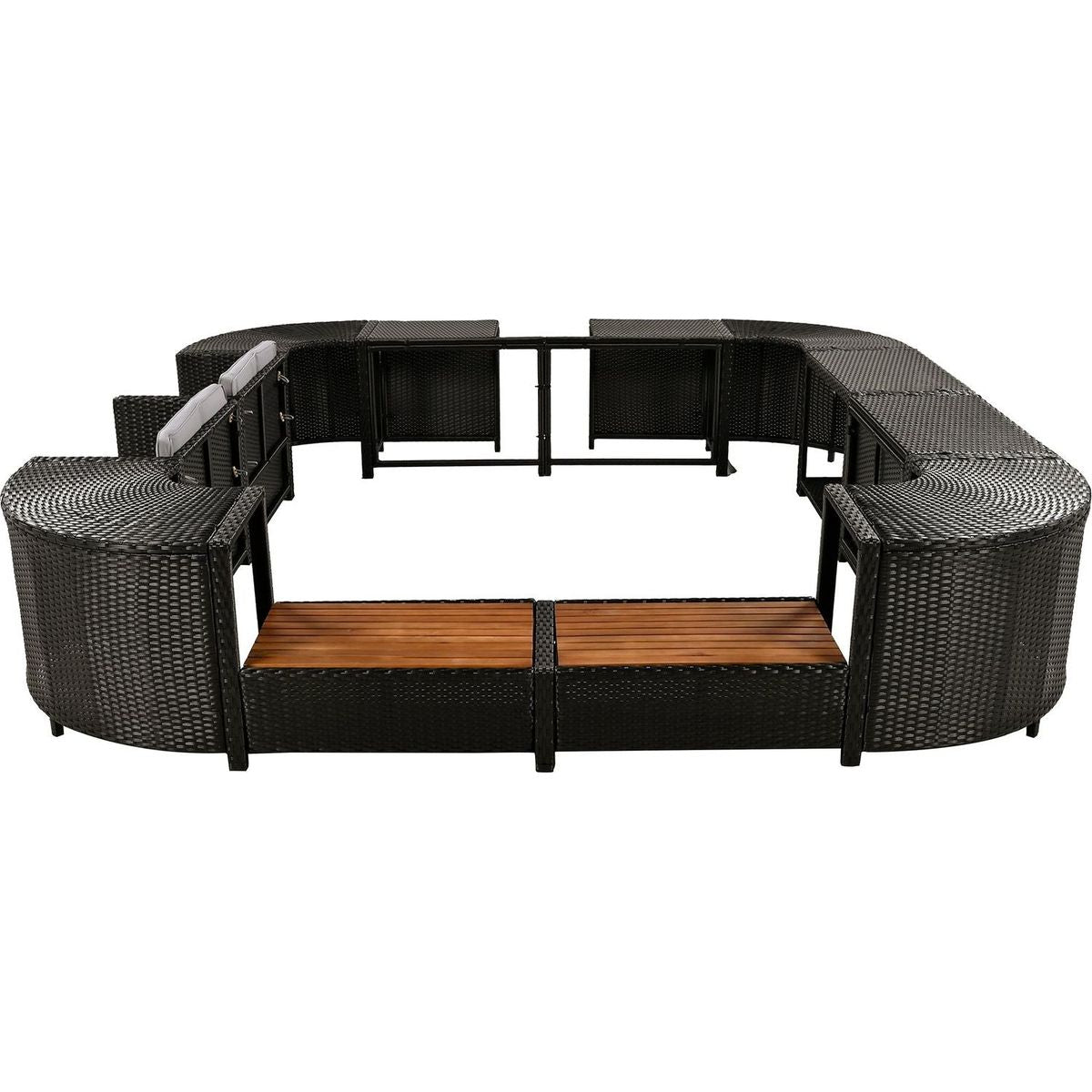 Spa Surround Spa Frame Quadrilateral Outdoor Rattan Sectional Sofa Set with Mini Sofa, Wooden Seats and Storage Spaces, Grey